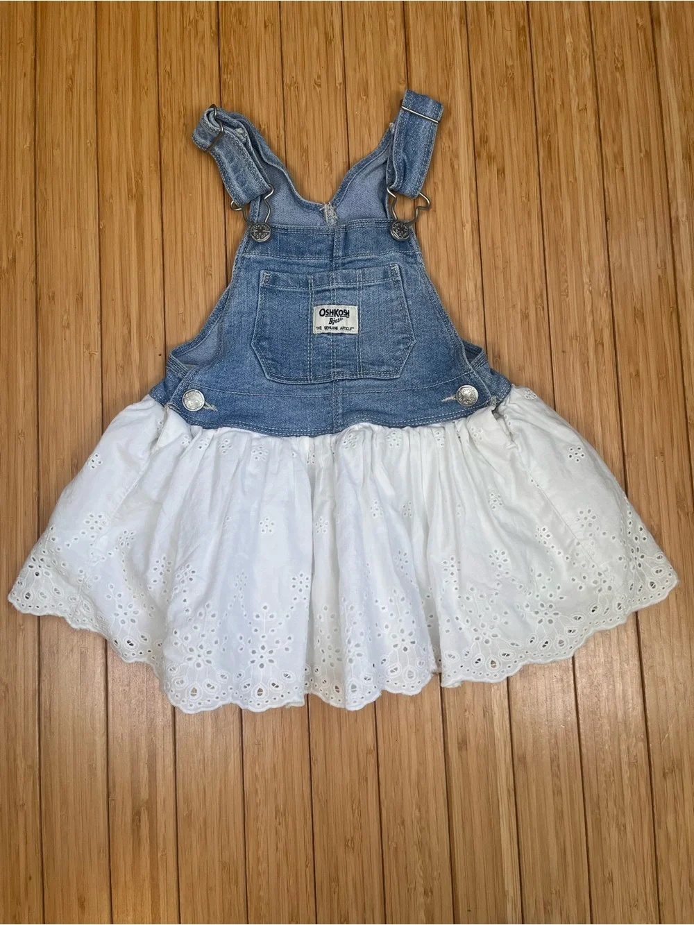 OshKosh B’Gosh Vestbak Bib Overall Dress Girls 2T Denim White Eyelet Lace Skirt